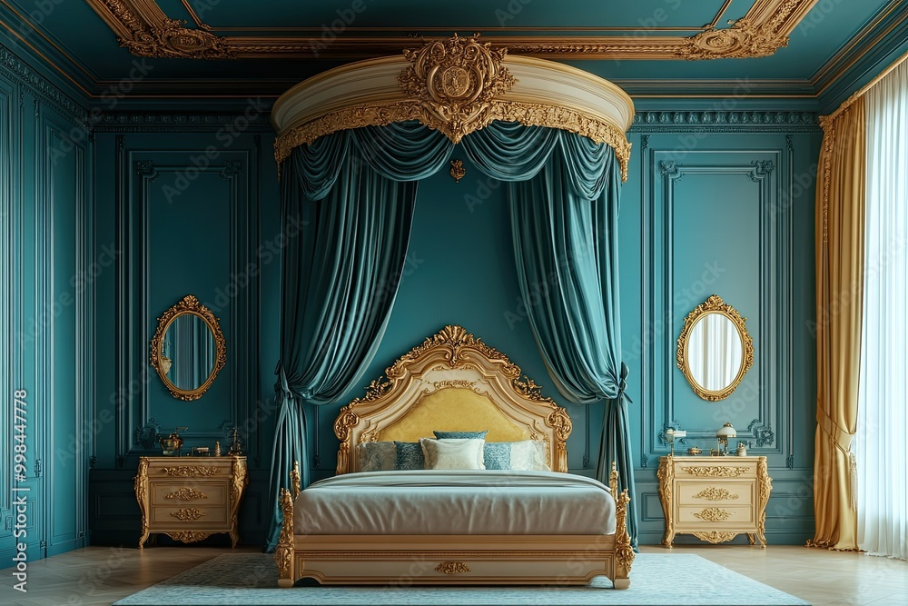 luxury classic royal teal bedroom with light yellow elegant traditional royal wooden bed with canopy royal beds and elegant intricate carving frame luxury classic royal teal bedroom with light yellow elegant traditional royal wooden bed with canopy royal beds and elegant intricate carving frame