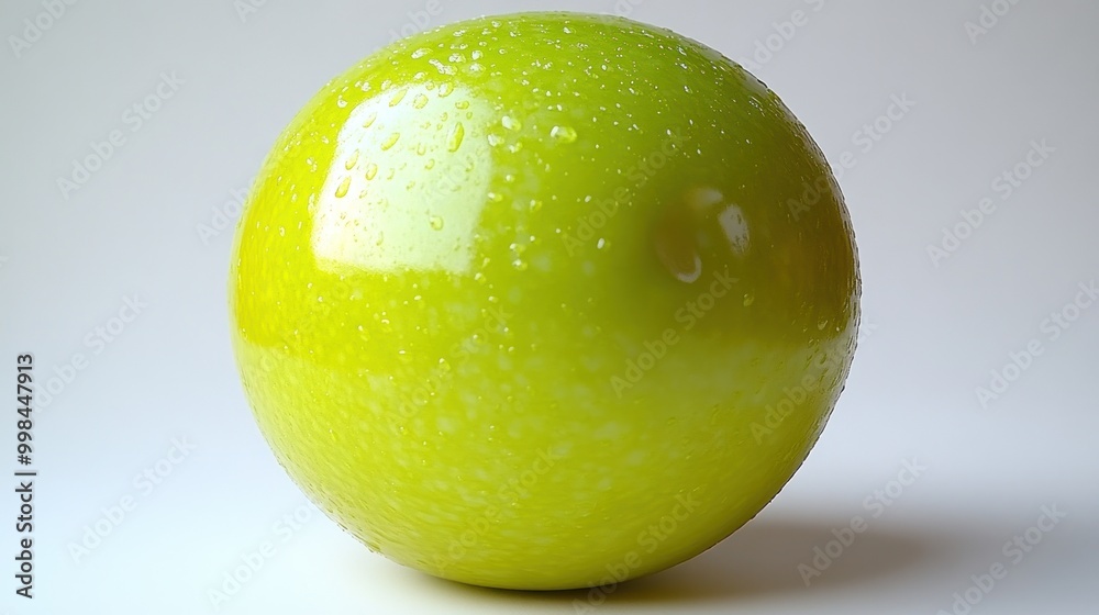 A shiny green apple with droplets of water glistens under soft lighting A shiny green apple with droplets of water glistens under soft lighting