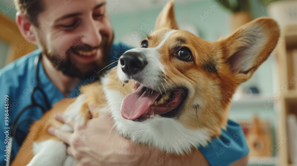 Joyful Male Vet in Clinic Uniform Embracing Playful Pembrooke Welsh Corgi Post-Treatment. bonds, Canine Care, Animal Wellness Environment. Joyful Male Vet in Clinic Uniform Embracing Playful Pembrooke Welsh Corgi Post-Treatment. bonds, Canine Care, Animal Wellness Environment.