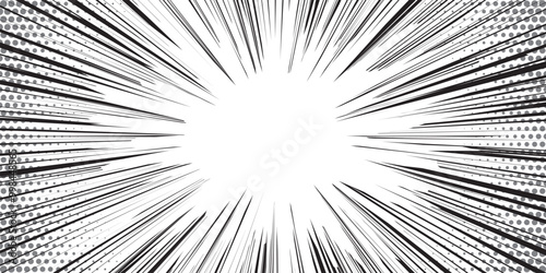 Manga background. Comic anime black lines on white. Fast speed lines movement effect frame. Superhero action. Horizontal vector illustration.