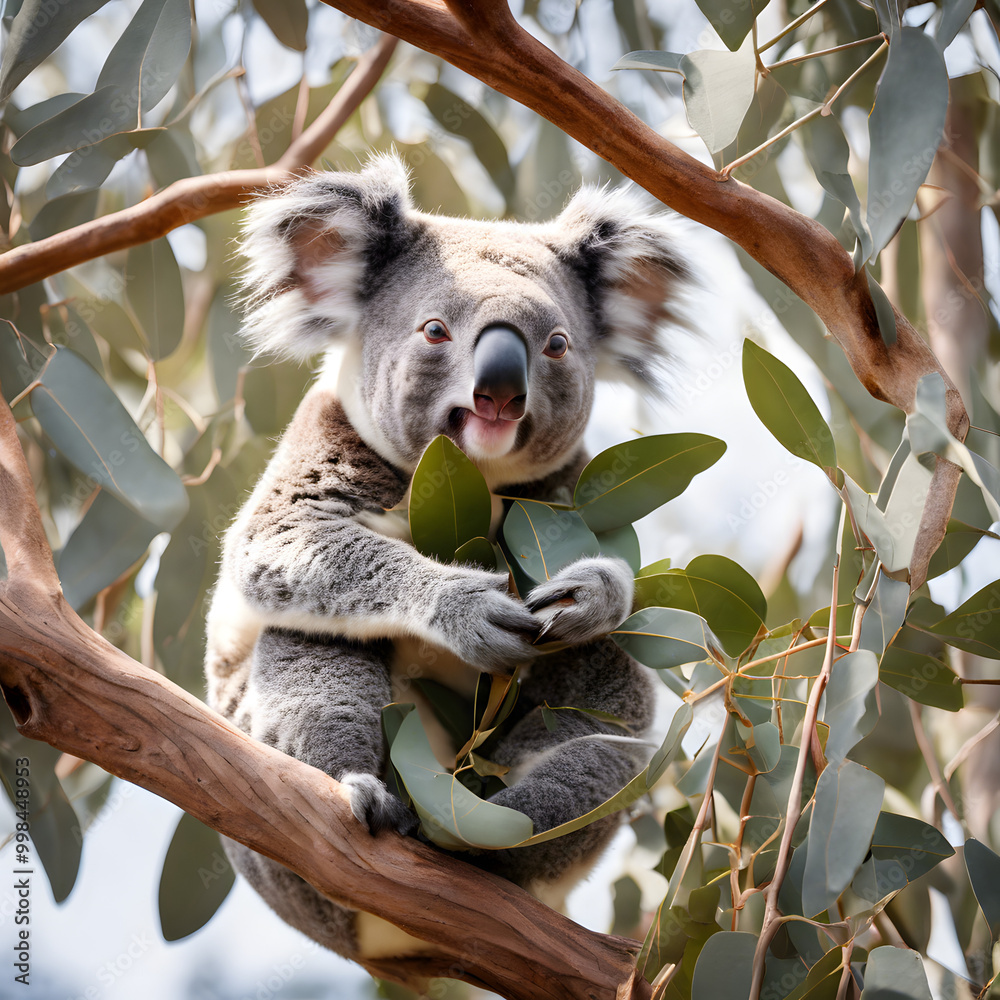 Fototapeta premium Koala stading in a eucalyptus tree and eating its leaves