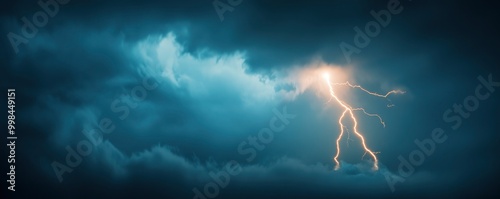 A single orange lightning bolt striking from cloudy sky