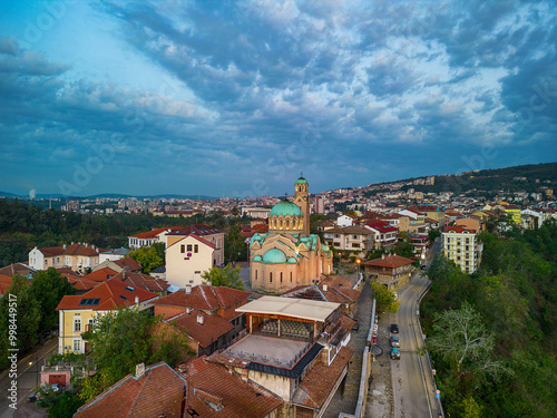 VELIKO TARNOVO, BULGARIA - 23.09.2024:Drone top view of the Patriarchal orthodox Cathedral of the Holy Ascension of God, Veliko Tarnovo, Bulgaria
 photo