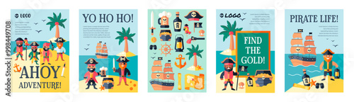 Vector posters with captains and symbols of pirate adventures.