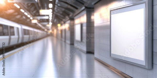 Mock up poster on modern train subway station with train on background