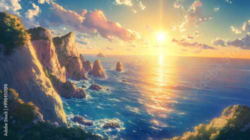 A breathtaking anime landscape featuring a vast ocean with a setting sun, casting a golden glow on the water and surrounding cliffs