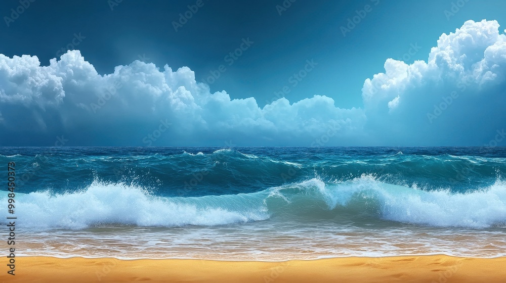 Fototapeta premium A rainy day at the beach, waves crashing under dark clouds