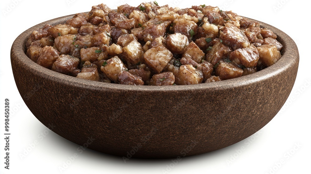 Deliciously browned meat pieces piled high in a natural wooden bowl, inviting and warm Deliciously browned meat pieces piled high in a natural wooden bowl, inviting and warm
