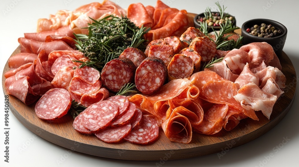 An exquisite display features various cured meats artfully arranged with aromatic herbs An exquisite display features various cured meats artfully arranged with aromatic herbs