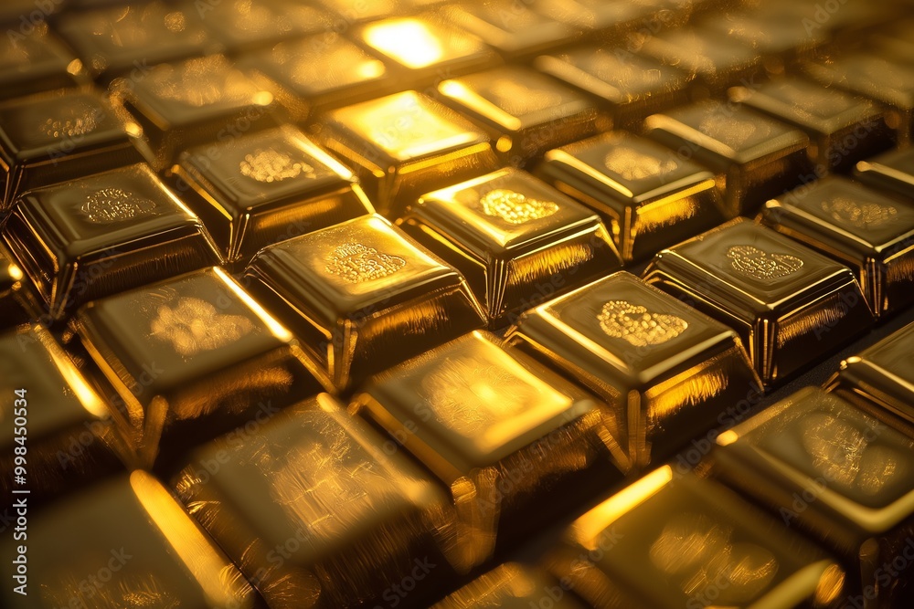 An array of shiny golden bars stacked neatly in a grid pattern, radiating luxury, wealth, and opulence. An array of shiny golden bars stacked neatly in a grid pattern, radiating luxury, wealth, and opulence.