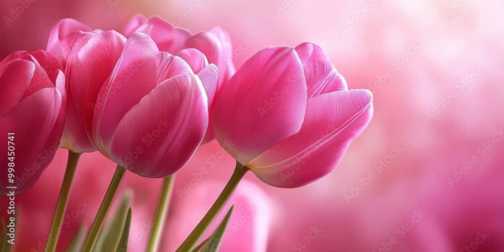 Close-up view of vibrant pink tulips in full bloom. They create a striking contrast against a soft pink background. Close-up view of vibrant pink tulips in full bloom. They create a striking contrast against a soft pink background.