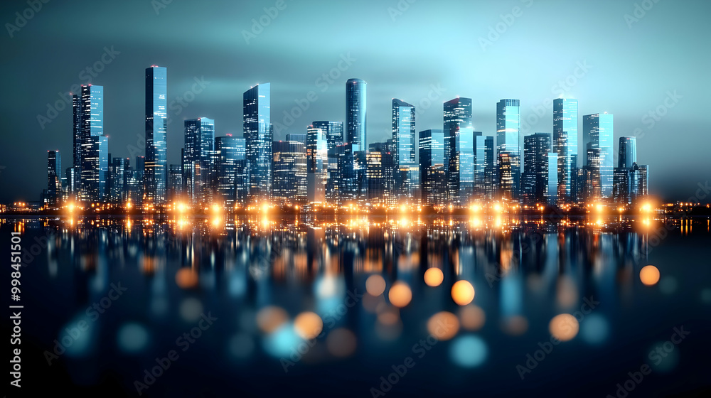Blurred City Skyline at Night with Illuminated Buildings Blurred City Skyline at Night with Illuminated Buildings
