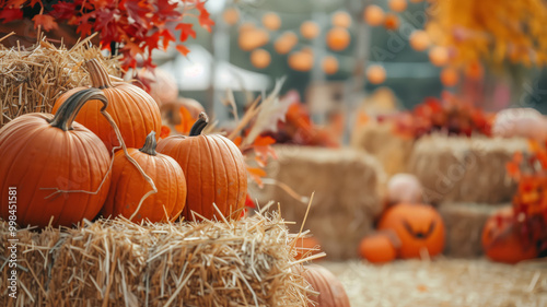 Close-up of orange pumpkins stacked together on haystacks