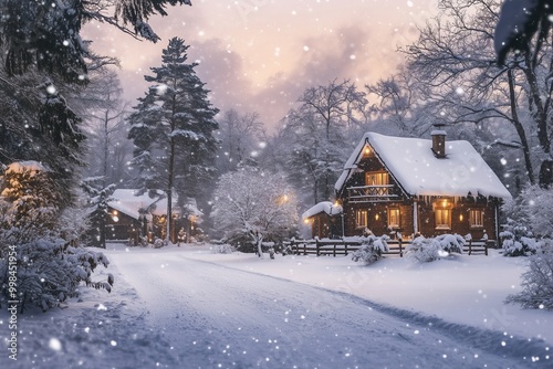 Winter scene with snow covered trees and a cozy cottage