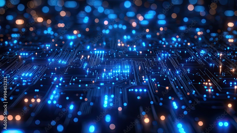 Fototapeta premium An abstract telecommunications tech background with blue lights and wire circuits showcases modern computing.