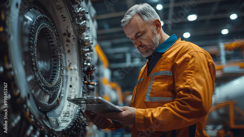 An engineer of middle age performs quality control checks at a production facility photo