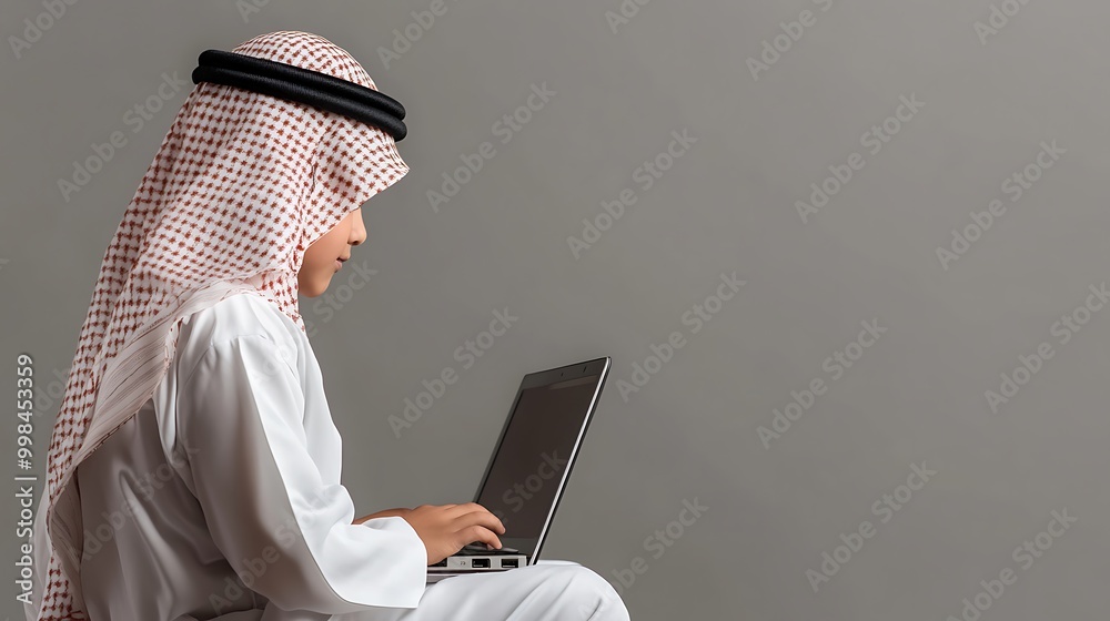Young Saudi Arabian boy in thobe using laptop, seated on studio. Back view, technology and cultural lifestyle concept.