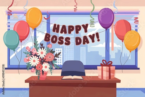 Happy boss day celebration with balloons, flowers, and office gift display photo