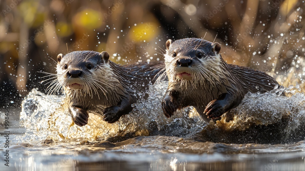 Playful Otters Splashing in Tranquil Water Scene Playful Otters Splashing in Tranquil Water Scene