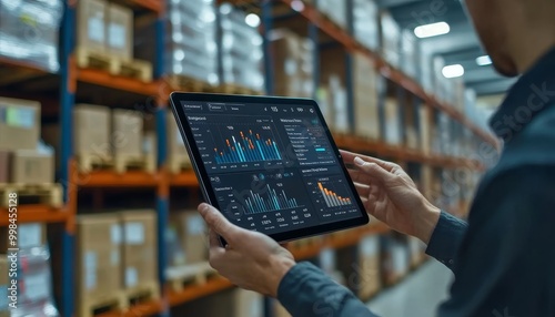 Smart Warehouse,Inventory management system concept.Manager using digital tablet,showing warehouse software management dashboard