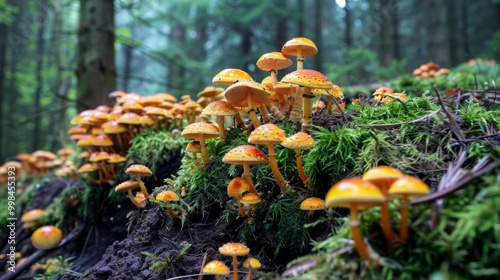 Vibrant Autumnal Mushrooms Growing in Lush Woodland Undergrowth photo