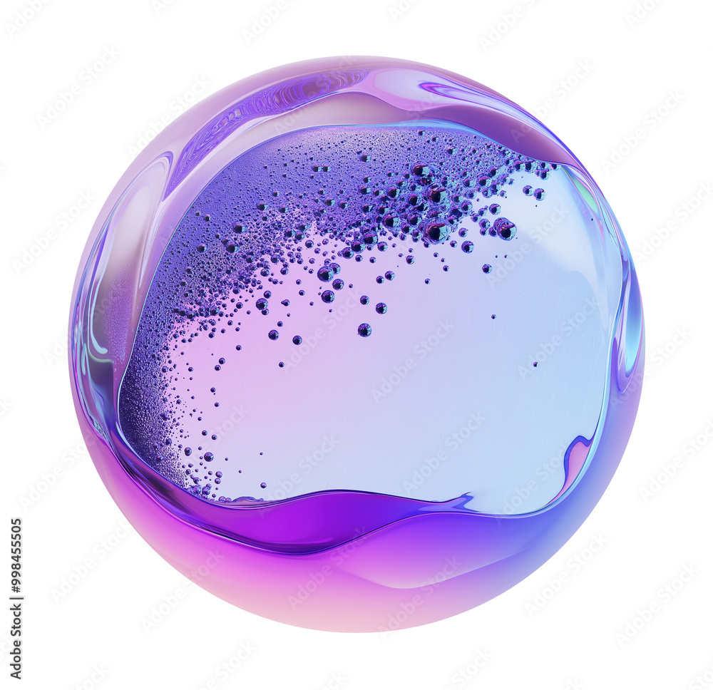 Abstract purple sphere with fluid gradient and bubbles transparent image. Futuristic orb isolated cutout 3d render. Tech, creative digital visual cut out clipart design element png