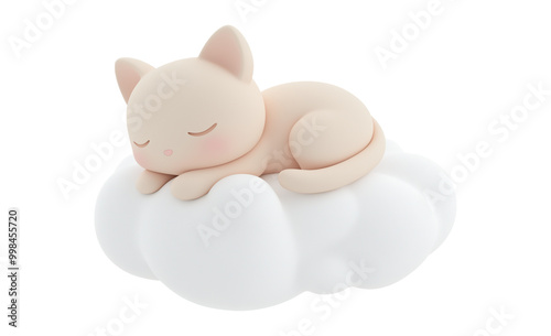 Adorable sleeping kitten on soft cloud transparent image. Cute cream-colored cat isolated cutout 3d render. Peaceful sleep. Calming dream animal cut out clipart design element png