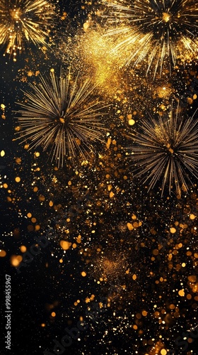 Golden Fireworks Bursting in Night Sky