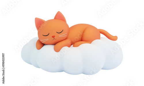 Cute orange cat sleeping on soft cloud transparent image. Kitten napping soundly on fluffy white cumulus isolated cutout 3d render. Peaceful kitty cut out clipart design element png