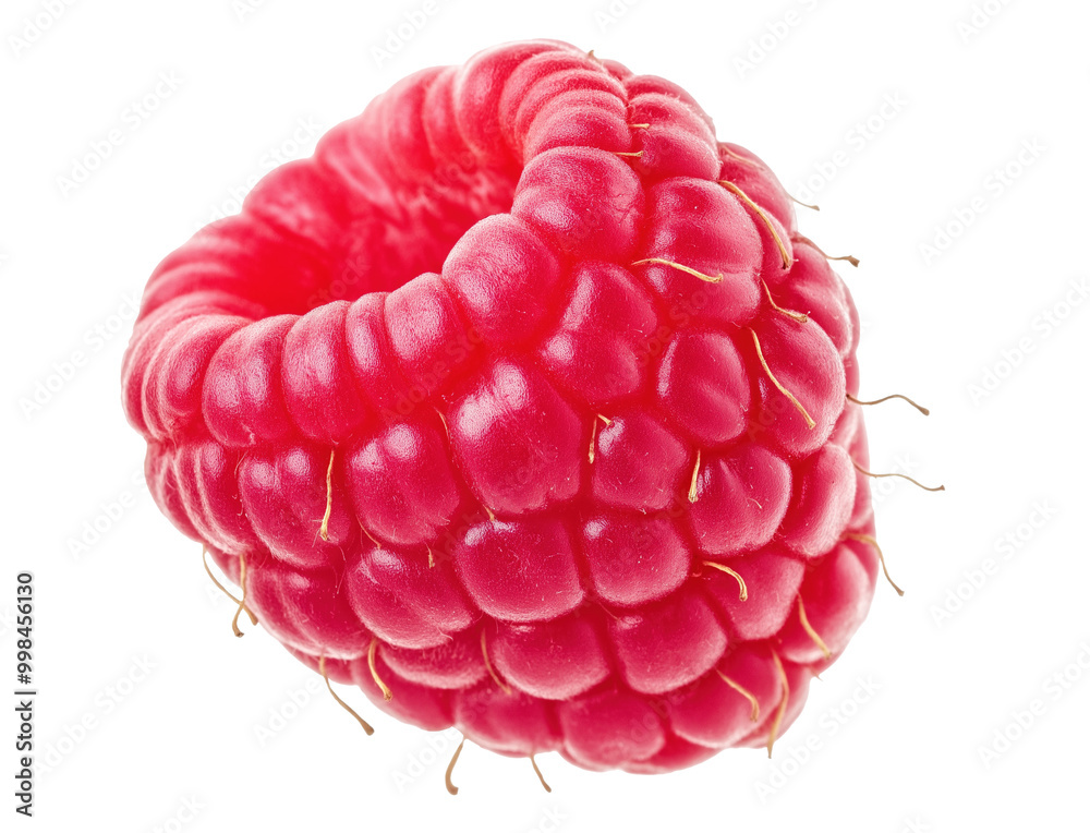 Closeup view of single ripe raspberry image isolated transparent. Vibrant red color and delicate juicy texture cut out photo png. Superfood nutrition cutout element object photography