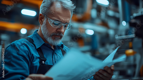 An engineer of middle age performs quality control checks at a production facility
