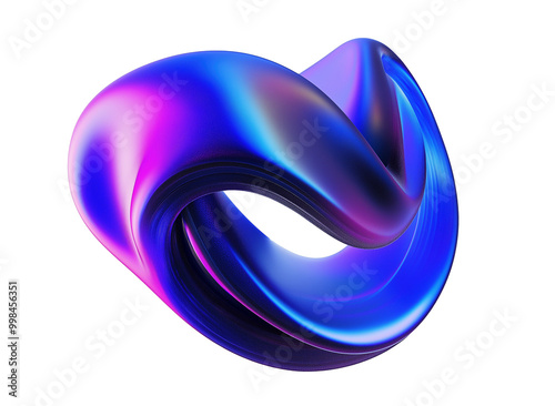 Obraz na płótnie Twisting iridescent loop sculpture transparent image. Dynamic fluid form in blue pink gradient isolated cutout 3d render. Metallic smooth curves cut out clipart design element png w salonie