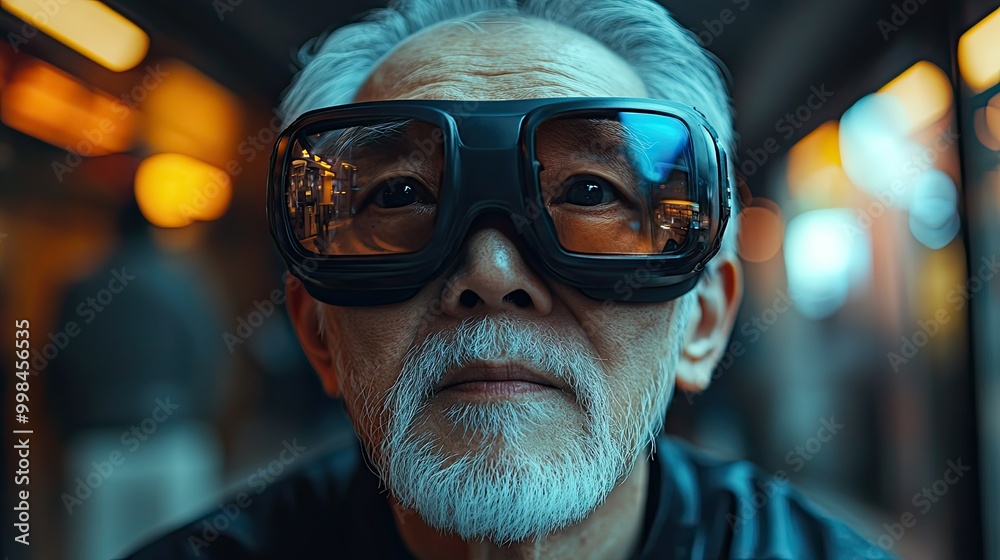An elderly Asian man enjoys using futuristic 3D goggles, embracing advanced technology concepts. An elderly Asian man enjoys using futuristic 3D goggles, embracing advanced technology concepts.