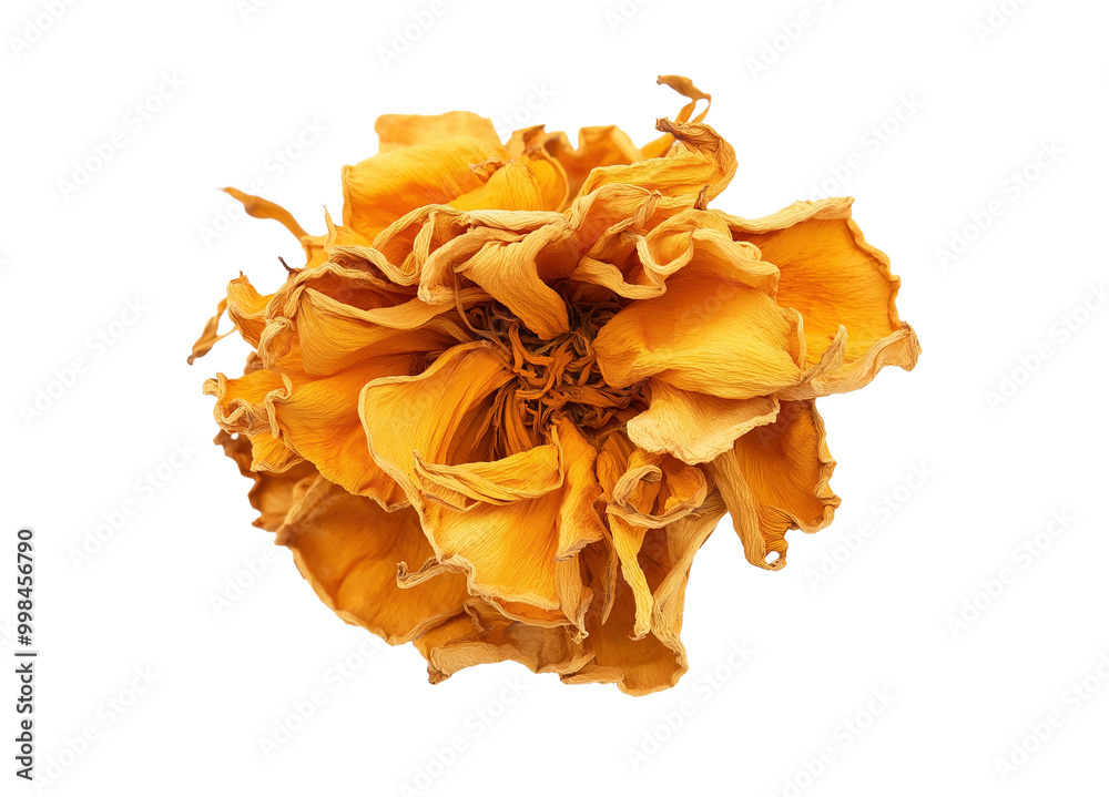 Golden dried marigold flower blossom image isolated transparent. Preserved bloom with crinkled petals cut out photo png. Rustic beauty, natural charm cutout element object photography