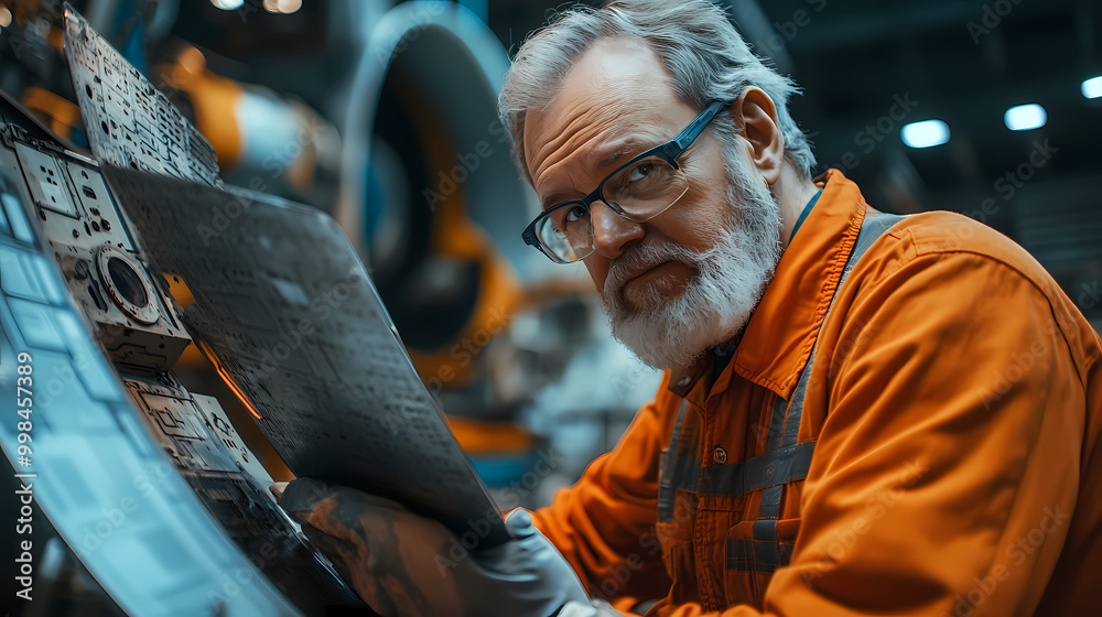 An engineer of middle age performs quality control checks at a production facility An engineer of middle age performs quality control checks at a production facility