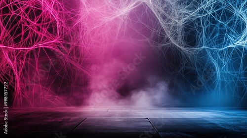 Abstract background with cobwebs on a dark wall, illuminated by neon lights in pink and blue hues, with smoke on the floor. A mysterious atmosphere in a dimly lit room, perfect for Halloween-themed de photo