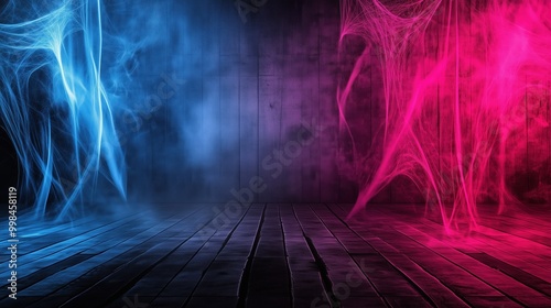 Abstract background with cobwebs on a dark wall, illuminated by neon lights in pink and blue hues, with smoke on the floor. A mysterious atmosphere in a dimly lit room, perfect for Halloween-themed de photo