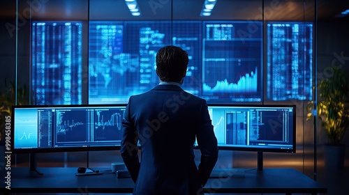 An intelligent individual works in front of large computers, engaging in data analysis within a futuristic office environment.