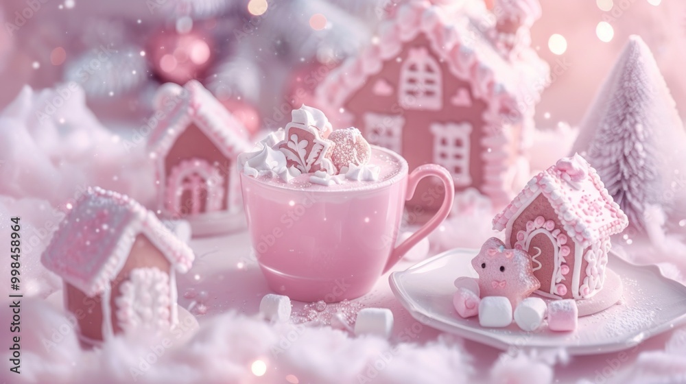 A pink cup with whipped cream on top sits on a table with a plate of cookies A pink cup with whipped cream on top sits on a table with a plate of cookies