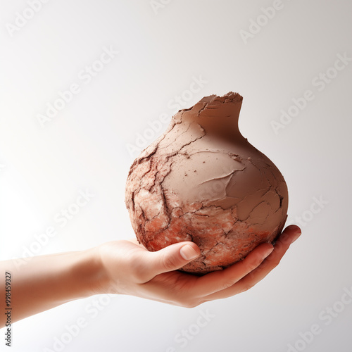 Hand Holding Cracked Clay Pot Brown Clay Pottery Ceramic