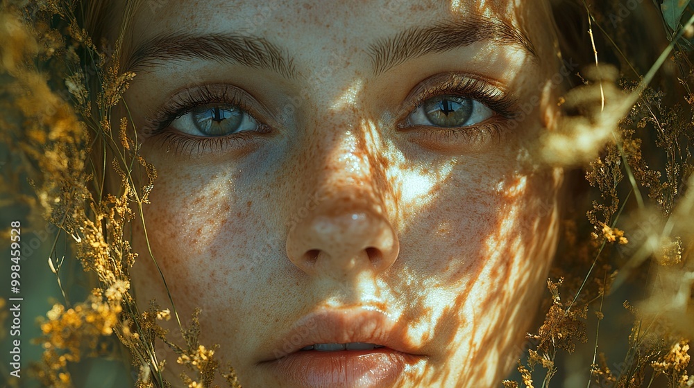Close-Up Portrait of a Woman with Freckles and Green Eyes in Sunlight Close-Up Portrait of a Woman with Freckles and Green Eyes in Sunlight