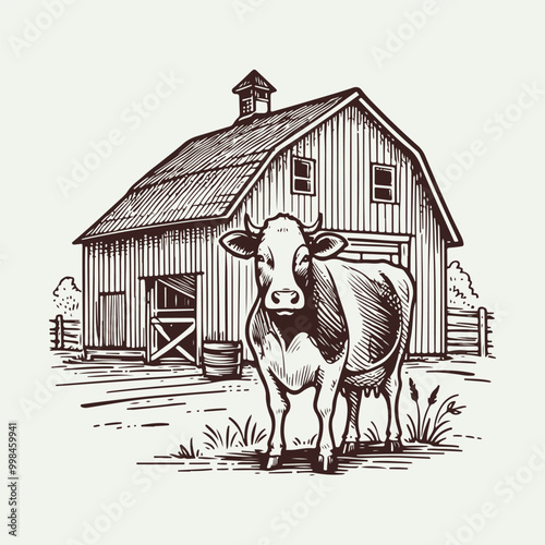 Farm Life Barn and Cow Drawing