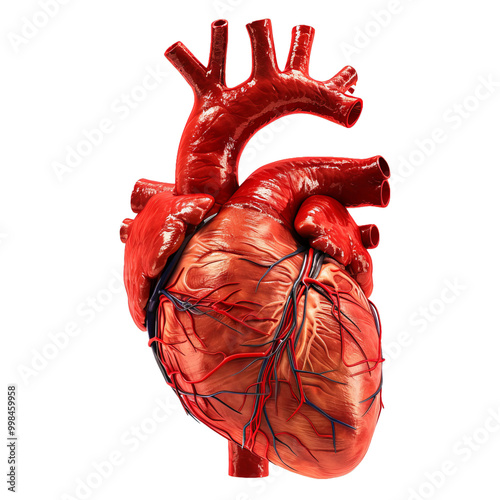 3d rendered illustration of a realistic human heart showing arteries, veins and aorta, isolated on white background photo