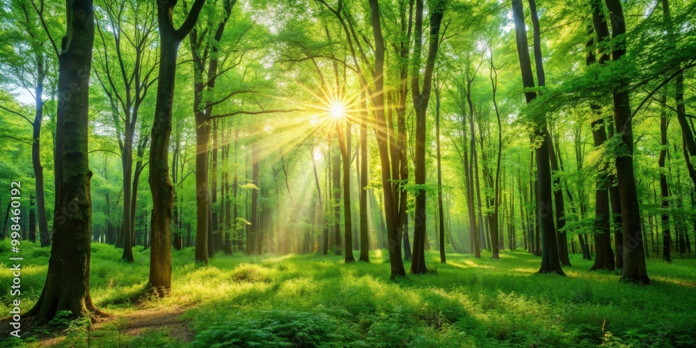 Obraz premium Sunlight filtering through lush green trees in a peaceful forest setting, sunlight, trees, forest, nature, green, leaves