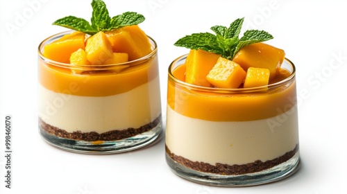 Delicious mango dessert with creamy layers and a crunchy base, garnished with fresh mint and mango cubes for a refreshing treat. photo