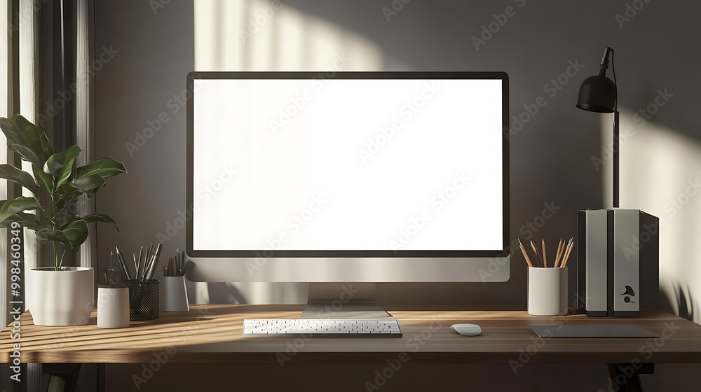 Modern home office workspace with a desktop computer, green plant, and desk lamp. Minimalist design and natural light create a calming setup.