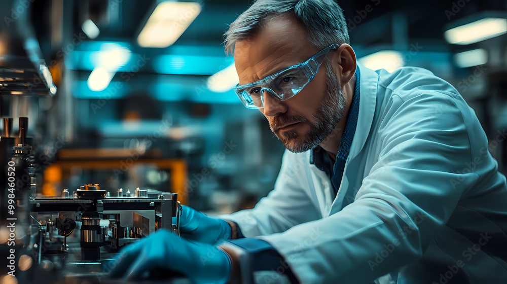 An engineer of middle age performs quality control checks at a production facility An engineer of middle age performs quality control checks at a production facility