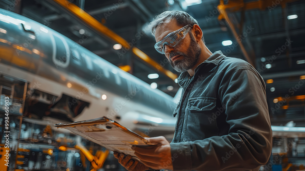 Fototapeta premium An engineer of middle age performs quality control checks at a production facility
