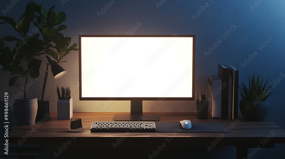 Modern minimalist workspace setup with computer, keyboard, mouse, plants, and books on a wooden desk in a dark, cozy room. Modern minimalist workspace setup with computer, keyboard, mouse, plants, and books on a wooden desk in a dark, cozy room.