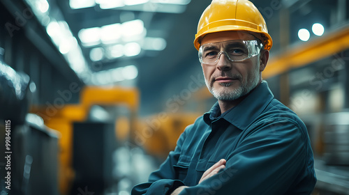 An engineer of middle age performs quality control checks at a production facility photo